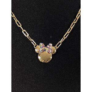 BaubleBar Minnie Mouse Crysal Bow Necklace Pave Gold Tone Paperclip Chain 20 in